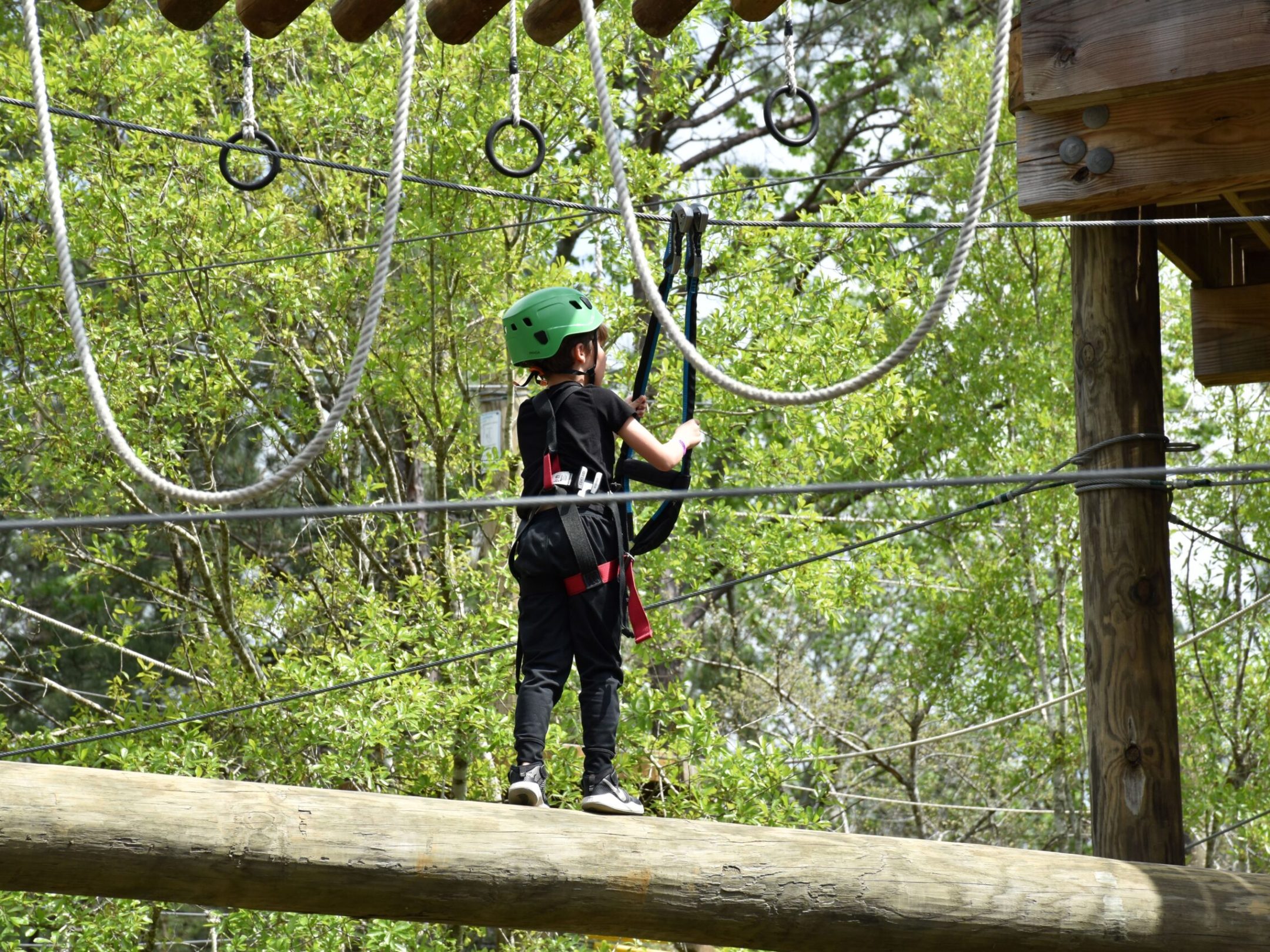 A child wearing a green helmet and safety harness navigates a high ropes course. They are walking on a large horizontal log and holding onto ropes for balance. The child is dressed in a black outfit and sneakers. The background features trees and foliage, indicating the course is set in a forested area.