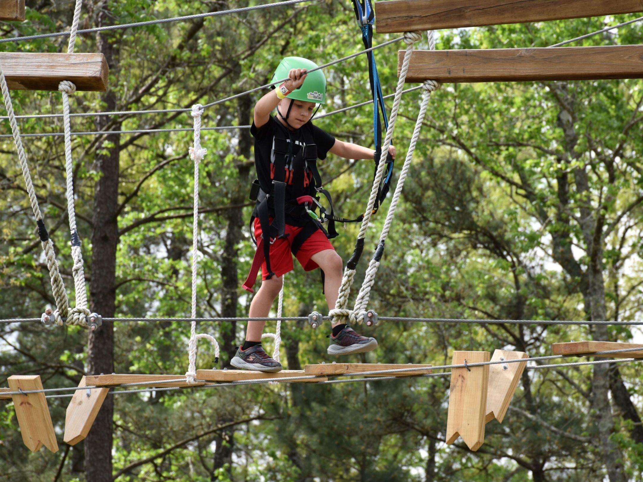 A young child wearing a green helmet and safety harness navigates a high ropes course. They are stepping on narrow wooden planks suspended by ropes and holding onto higher ropes for balance. The child is dressed in a black T-shirt, red shorts, and athletic shoes. The background features lush green foliage, indicating an outdoor setting.