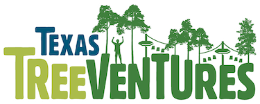 The logo for Texas TreeVentures, featuring the text 'Texas TreeVentures' with 'Texas' in blue and 'TreeVentures' in green. The letters are stylized to include images of trees and a person climbing a ropes course, representing outdoor adventure activities.