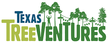 The logo for Texas TreeVentures, featuring the text 'Texas TreeVentures' with 'Texas' in blue and 'TreeVentures' in green. The letters are stylized to include images of trees and a person climbing a ropes course, representing outdoor adventure activities.